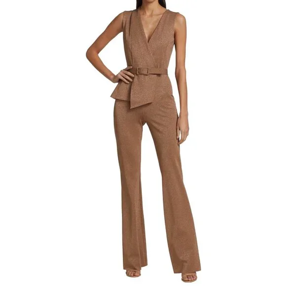 Chiara Boni La Petite Robe Kerolyn Belted Lurex Jumpsuit in Duna - Picture 2 of 6